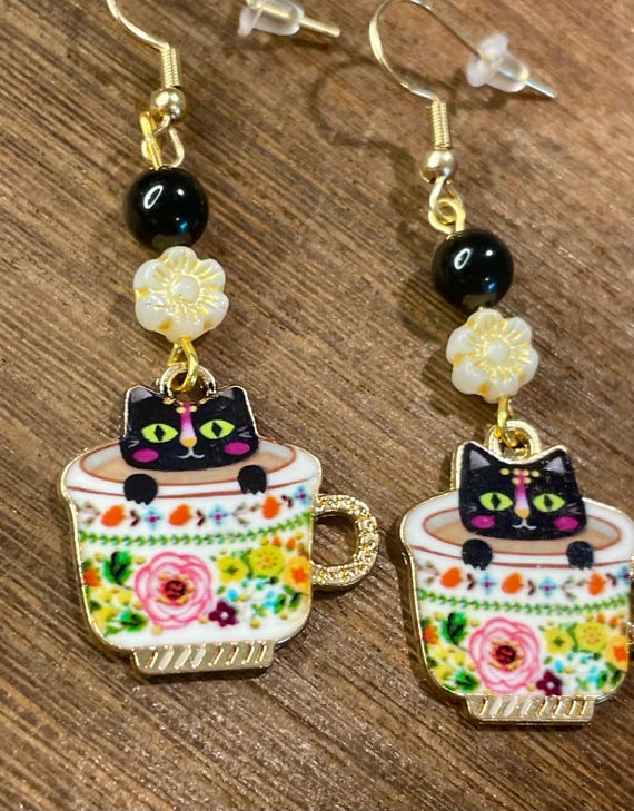 Gemstone Earrings - Black Obsidian Crystal Healing, Tea Cup Kittens