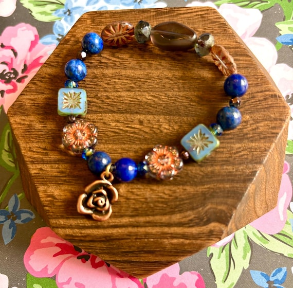 Enchanted Midnight Rose Bracelet – Lapis Lazuli, Czech Glass & Copper Rose Charm | Goddess Party Collection