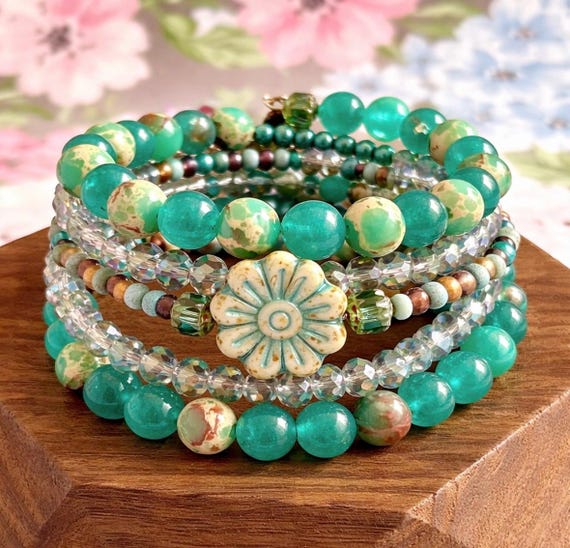 Teal Meadow Bloom Coil Wrap Bracelet – Jade, Czech Glass Daisy, AB Crystal, Floral Stack