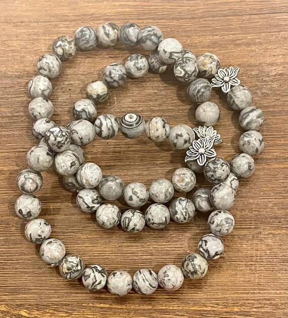 Gemstone Bracelet - Gray Crazy Lace Jasper Crystal Healing Bracelets, Lotus Flower Jewelry