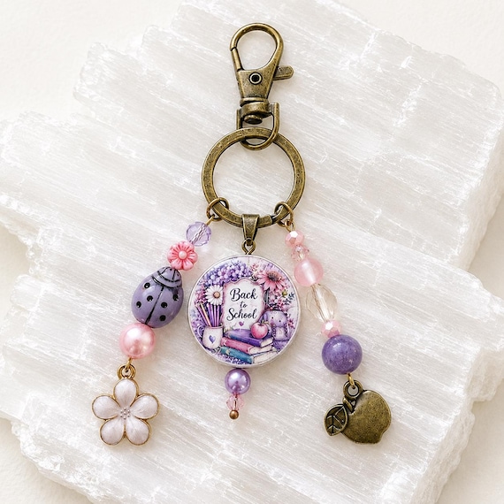 Lucky Little School Days Charm | Back to School Purse Charm | Purple Chalcedony Keychain | Teacher Backpack Gift | Apple & Ladybug Charm
