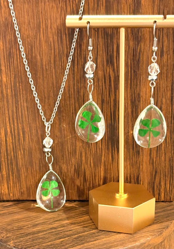 Gemstone Pendant Necklace / Earrings - Clear Quartz / Hematite Crystal Healing, Lucky Charm