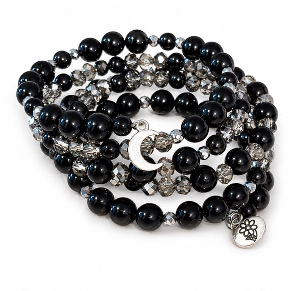 Midnight Moon Enchanted Wrap Bracelet | Onyx & Black Tourmaline Gemstones | Silver Crescent Moon Charm | Protective Crystal Jewelry
