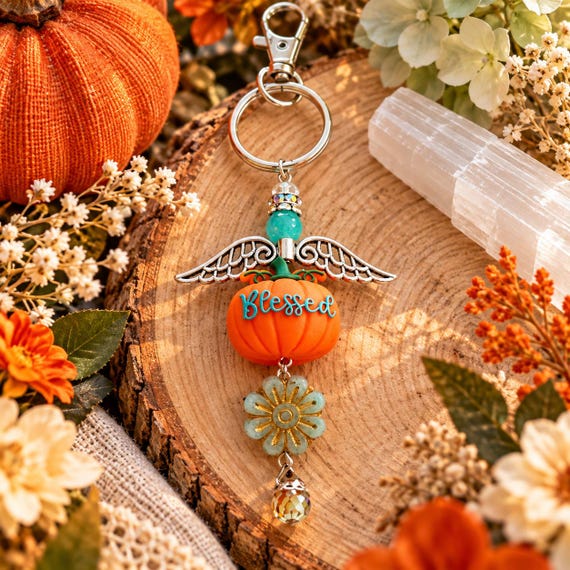 Blessed Pumpkin Wishes Gemstone Purse Charm Keychain | Jade Crystal Bag Charm | Angel Wings | Fall Pumpkin Gift | Autumn Jewelry