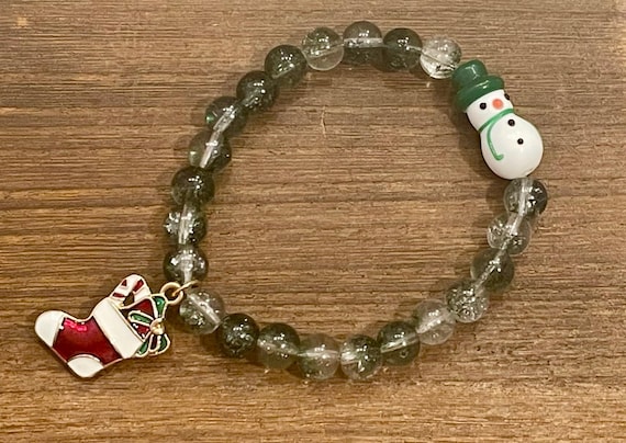 Gemstone Bracelet - Quartz Crystal Healing, Holiday Jewelry, Snowman