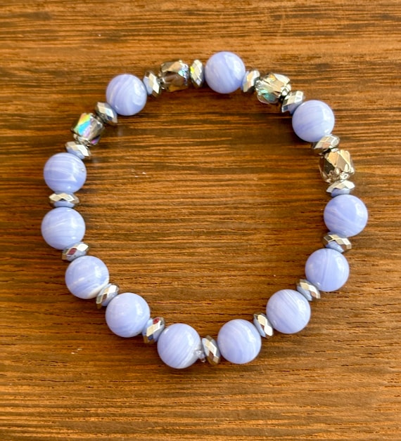 Gemstone Bracelet - Blue Lace Agate / Hematite Crystal Healing, Tranquil Bliss