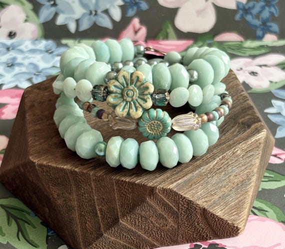 Amazonite Crystal Wrap Bracelet: Czech Glass Flowers, Dragonfly Maple Leaf Charm