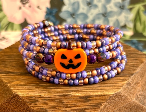 Halloween Gemstone Wrap Bracelet: Pumpkin, Black Cat Charms