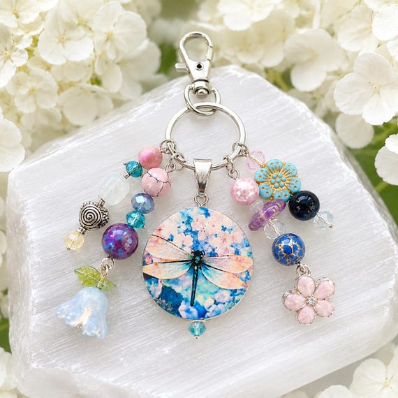 Dragonfly Skyward Blooms Purse Charm Keychain - Handmade Double-Sided Dragonfly Wood Bead, Pink Tourmaline, Fluorite, Blue Green Tiger’s Eye