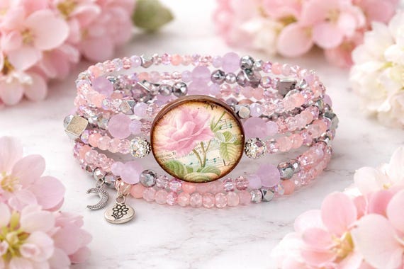 Rose Quartz Wrap Bracelet, Pink Crystal, Artisan Wood Bead, Moon Charm, Boho Floral Jewelry