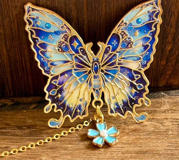 Celestial Wings Butterfly Bookmark, Blue Lace Agate and Crystal Accents – Enamel Flower, Czech Glass and Gemstone Charm Bookmark, 6”