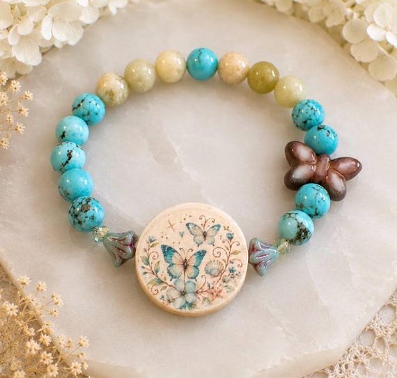 Aqua Butterfly Haven Bracelet | Turquoise & Serpentine Gemstone Stretch Bracelet | Handmade Butterfly Jewelry | Cottagecore Nature Bracelet