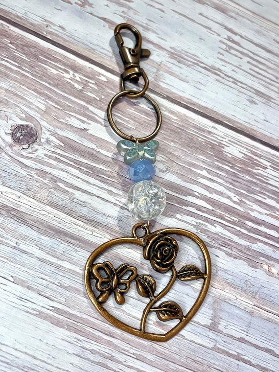 Crystal Healing Boho Clip on Hanging Charm / Heart Butterfly Keychain / Crystal Charm, Butterfly Suncatcher