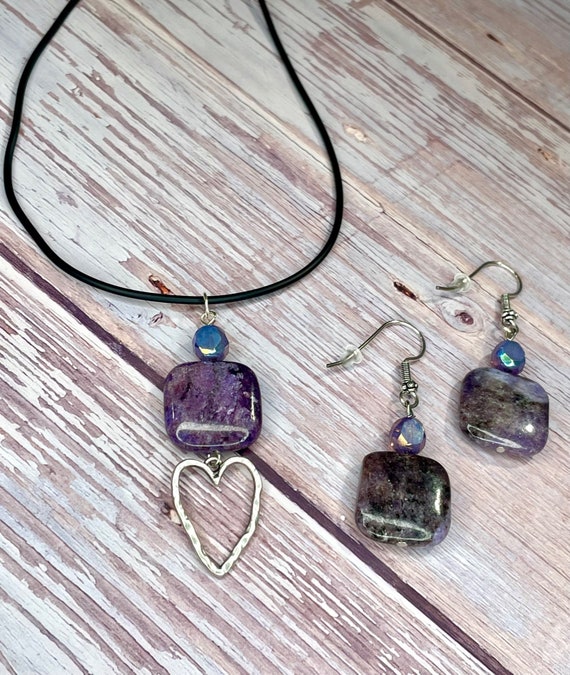 Gemstone Necklace / Earrings - Lepidolite Crystal Healing, Purple Jewelry