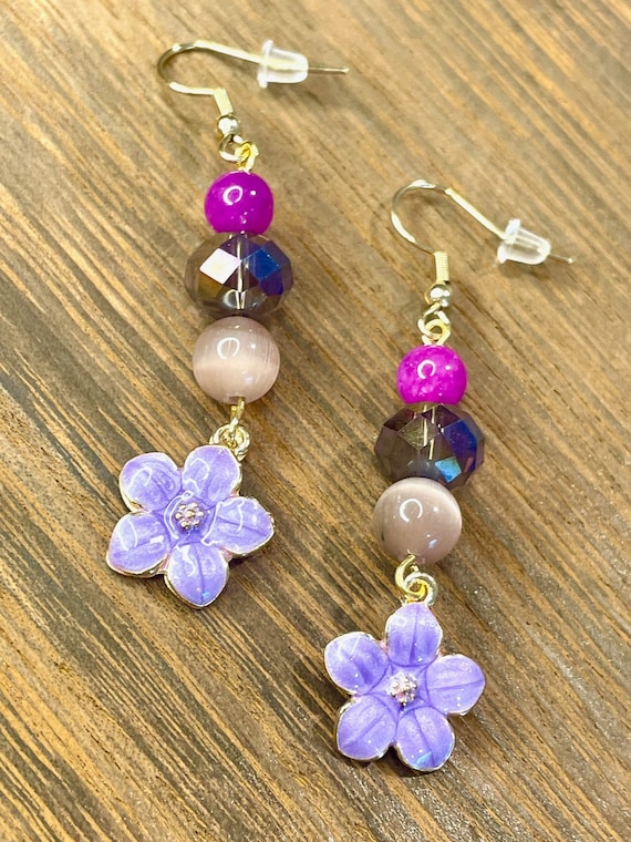 Gemstone Earrings - Cat's Eye / Sugilite Quartz Crystal Healing, Flower Love