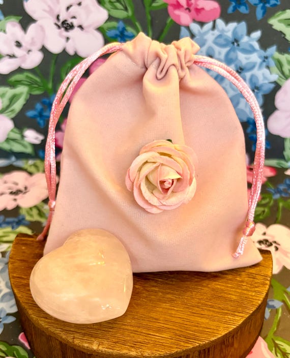 Rose Quartz Heart Crystal Set • Pink Velvet Bag, Blessing Cards