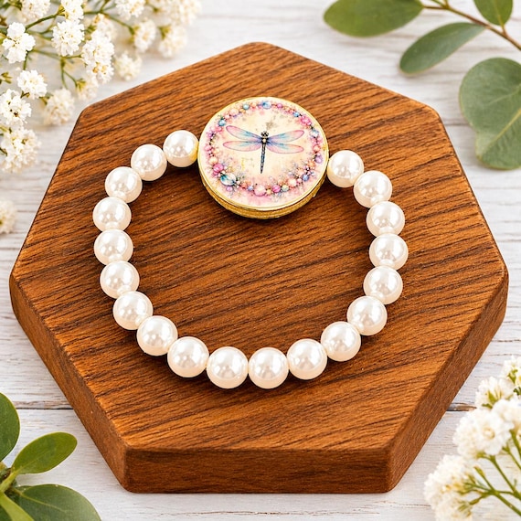 Dragonfly Pearl Bracelet, Enchanted Dragonfly Jewelry, Artisan Wooden Bead Bracelet, Shell Pearl Stretch Bracelet, Spiritual Jewelry Gift
