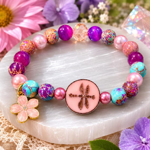 Garden of New Beginnings Enchantment Bracelet • Galaxy Sea Sediment Jasper • Sugilite Gemstone Bracelet • Dragonfly Bracelet • Handmade