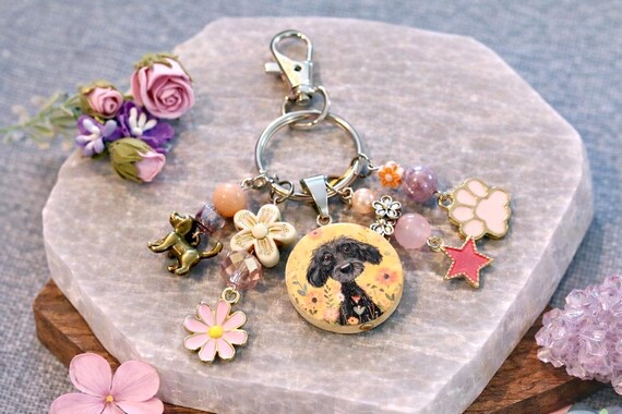 Enchanted Puppy Purse Charm Keychain, Pink Jade Gemstone, Floral Dog Lover Gift