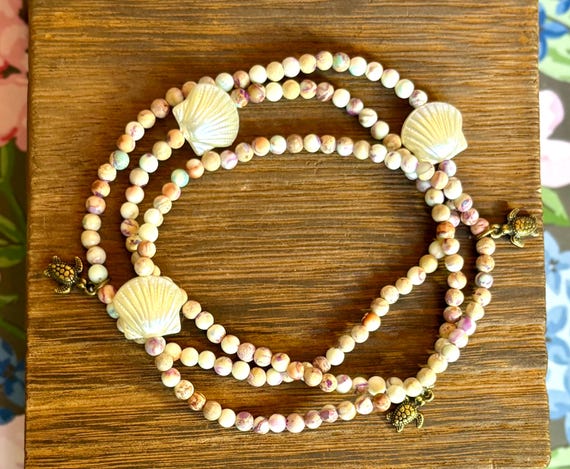 Turtle Tide Treasures Anklet – Galaxy Sea Sediment Jasper, Pearly Shell Bead, Sea Turtle Charm – Stretch Anklet