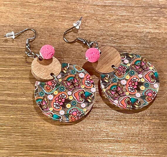 Essential Oil Diffuser - Gemstone Earrings - Lava Stone Crystal Healing, Groovy Mushroom Jewelry