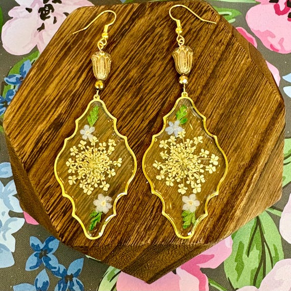 Pressed Flower Resin Earrings: Czech Glass Tulips, Gold Hematite, Hypoallergenic