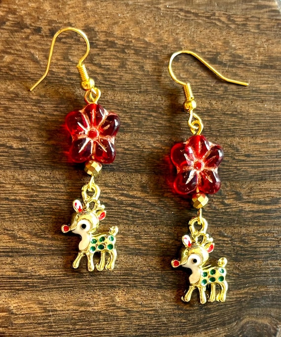 Red-Nosed Reindeer Earrings: Czech Glass Flower, Hematite Gemstone