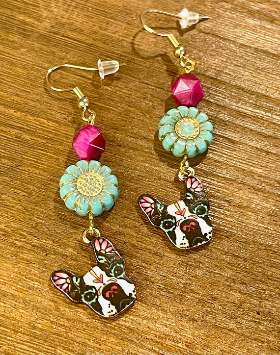 Gemstone Earrings - Tiger's Eye Crystal Healing, Whimsical French Bulldog