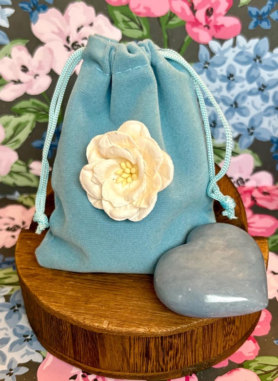 Angelite Heart Crystal Healing Bag • Peace • Spiritual Connection • Compassion • Reiki-Infused Angel Crystal Gift Set