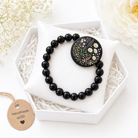 Wildflower Rising Enchanted Bracelet | Handmade Artisan Wood Bead | Onyx Gemstone Bracelet | Resilience Jewelry | Spiritual Gift | Stretch