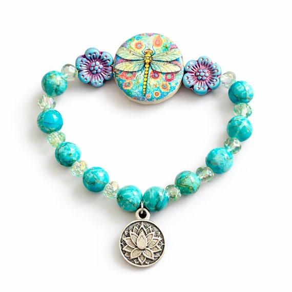 Dragonfly Bracelet – Cyan Magnesite Turquoise, Mint Crystal, Czech Glass Flowers, Lotus Charm