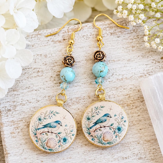 Bluebird of Hope Enchantment Earrings - Turquoise Gemstone Bird Earrings, Handmade Coastal Bluebird Jewelry, Artisan Wood Earrings