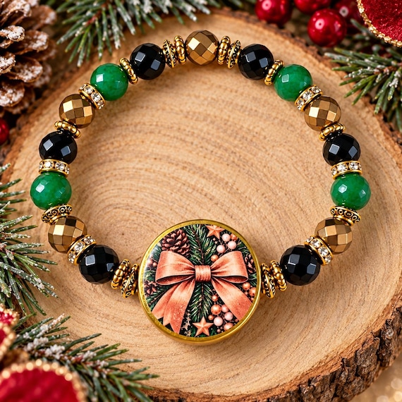 Midnight Poinsettia Royale Bracelet | Black Onyx Green Jade Gold Hematite | Elegant Christmas Gemstone Jewelry | Handmade Holiday Gift
