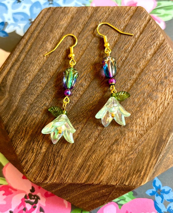 Fairycore Earrings: Rainbow Hematite, Czech Glass Tulip, Lily-of-the-Valley