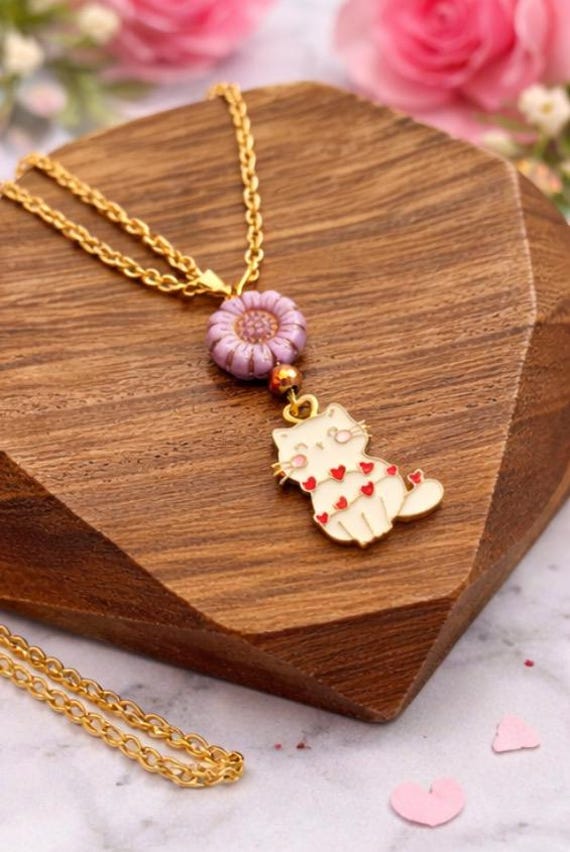 Heartfelt Whiskers Bloom Necklace – Valentine Cat Sunflower Necklace – Pink or Ivory Czech Glass – Gold Tone Stainless Steel – Love Jewelry