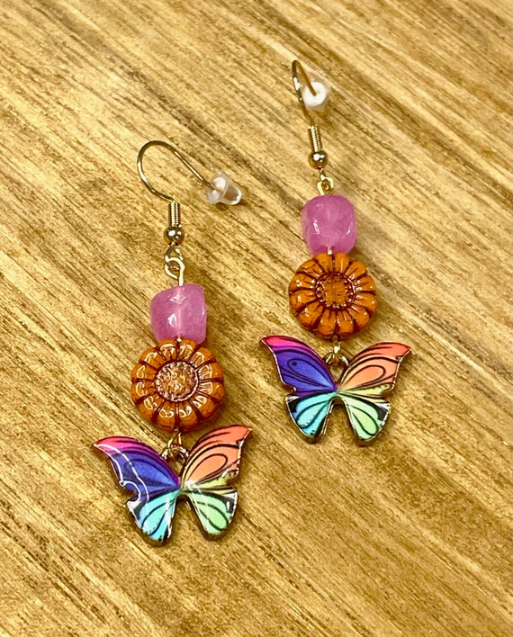 Gemstone Earrings - Tourmaline Crystal Healing, Rainbow Butterfly