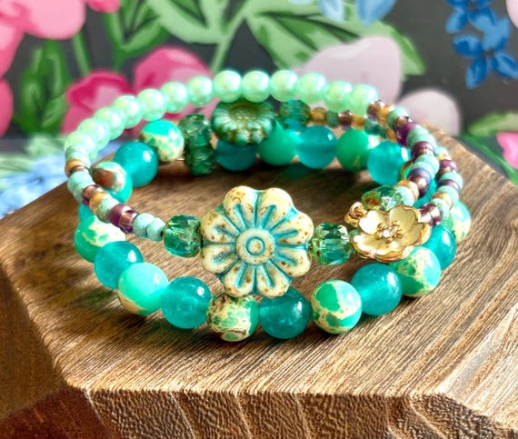 Flourish and Bloom Radiance Wrap – Jade Gemstone Bracelet with Czech Glass Flowers and Floral Charms
