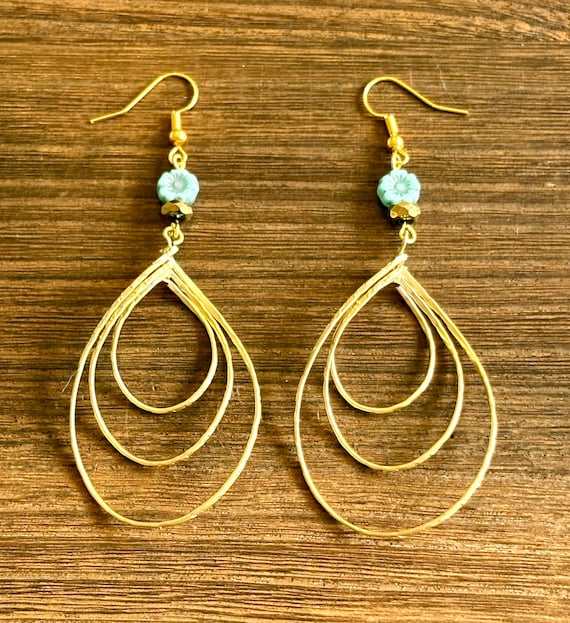 Gemstone Earrings - Hematite Crystal Healing, 14k Gold Plated Rotating Hoops, Golden Happy