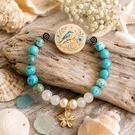 Bluebird of Hope Enchantment Bracelet • Turquoise & Mystic AB Chalcedony Gemstone Bracelet • Bluebird Artisan Wood Focal • Handmade Coastal