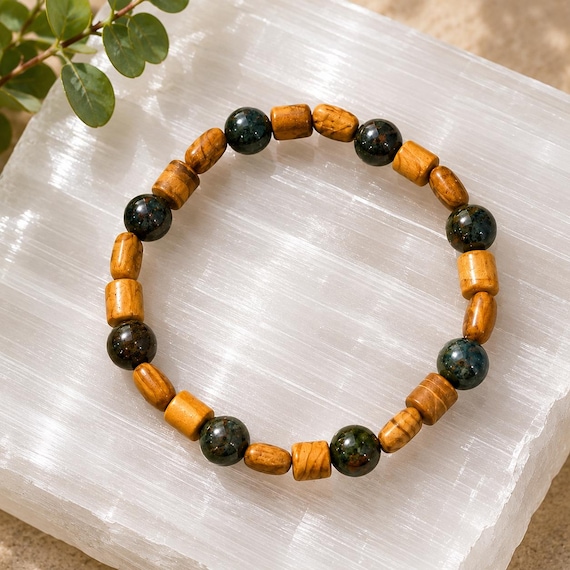 Woodland Warrior Bracelet • Picture Jasper & Bloodstone Bracelet • Men’s Stretch Bracelet • Grounding Protection Jewelry • Nature Inspired