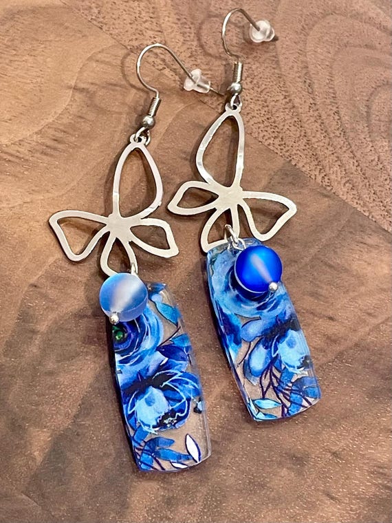 Gemstone Earrings - Aura Quartz Crystal Healing, Blue Floral Earrings, Butterfly