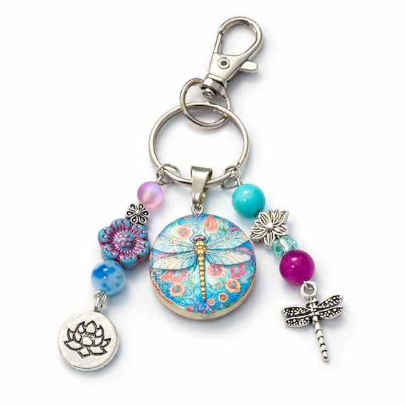 Dragonfly Lotus Charm – Blue Howlite, Sugilite, Jade Gemstone Keychain – Boho Floral Spiritual Gift