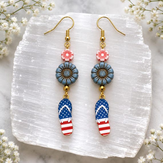 Patriotic Flip Flop Earrings: Czech Glass Flowers, Gold Hematite Dangles