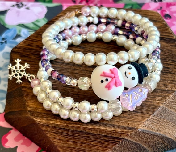 Snowman Holiday Wrap Bracelet: Metallic Pearl & Hematite Gemstone Beaded Charm