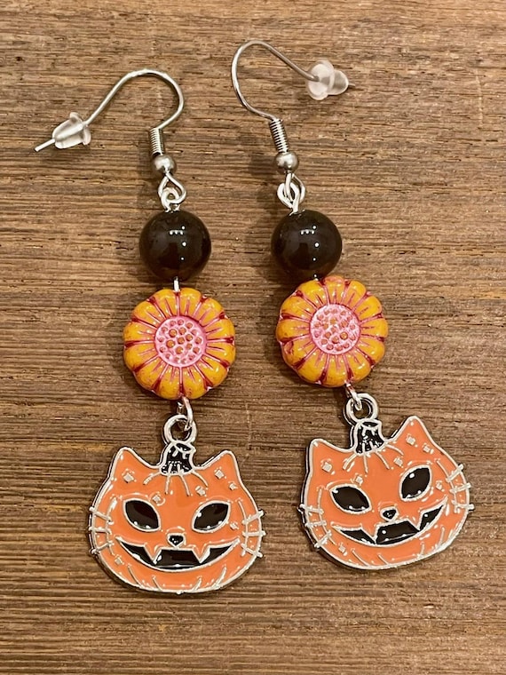 Gemstone Earrings - Black Onyx Crystal Healing, Halloween Pumpkin Cat