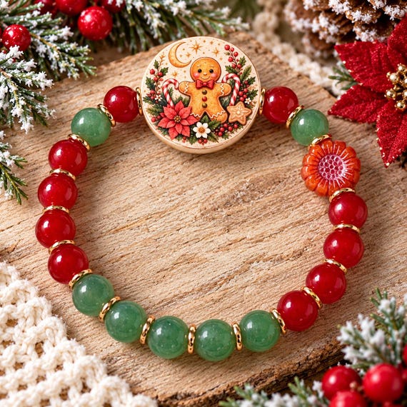 Gingerbread Christmas Bracelet, Red Jade Green Aventurine Gemstone Bracelet, Artisan Wood Bead, Holiday Jewelry, Christmas Gift