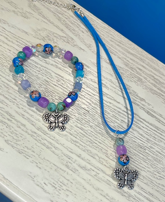 Gemstone Bracelet / Pendant Necklace - Agate / Tourmaline Crystal Healing, Butterfly