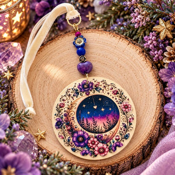 Moonlit Wildflower Wishes Gemstone Hanging Charm | Blue Jade Celestial Moon & Floral Wood Ornament | Whimsical Boho Decor | Handmade Gift