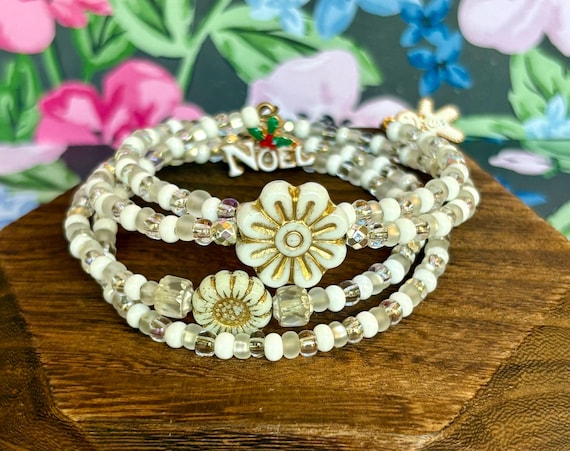 Holiday Czech Glass Flower Bracelet: Silver Hematite, Noel Charm