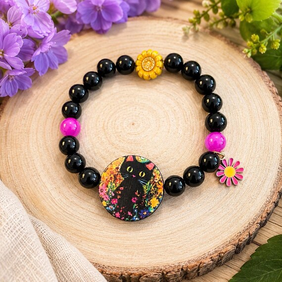 Black Onyx Pink Jade Cat Bracelet | Artisan Wood Charm, Sunflower Jewelry
